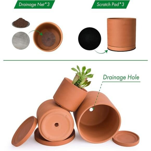 Terracotta Planter Pots with Drainage and Saucers Set for Succulents Cactus - Picture 4 of 7